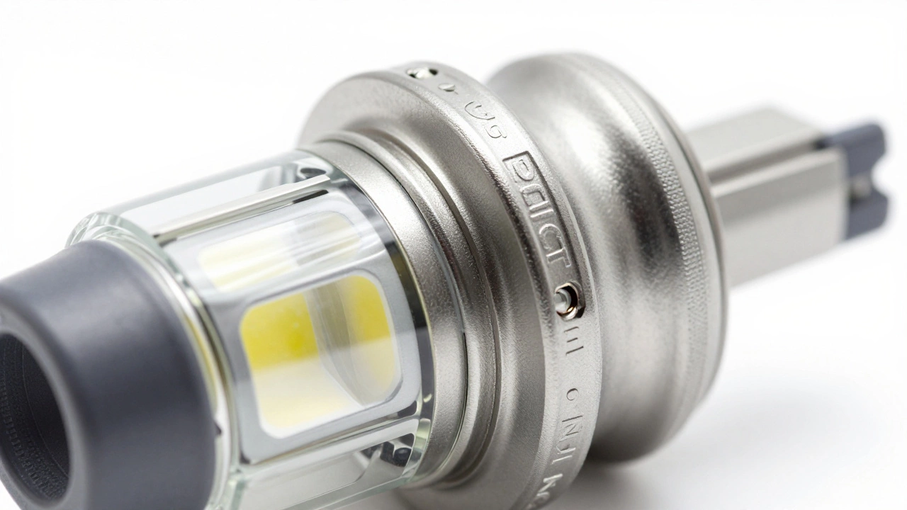 Close-up of DOT and E-mark certification stamps on a professional LED headlight bulb