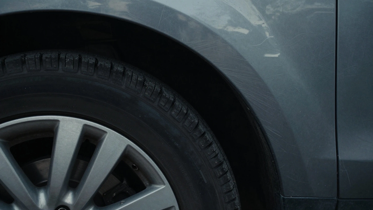 Close-up view of a car tire rubbing against the metal wheel arch during a turn.