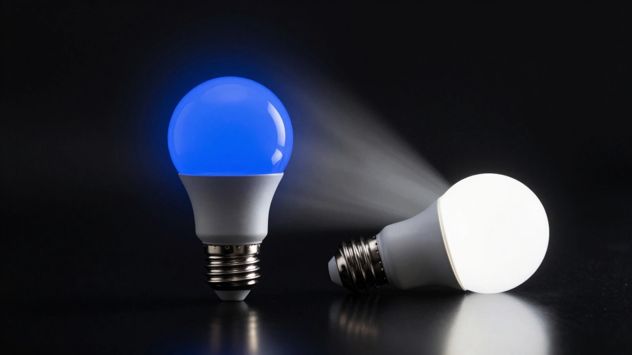 Comparison between an illegal blue LED bulb and a legal white LED bulb on a black reflective surface