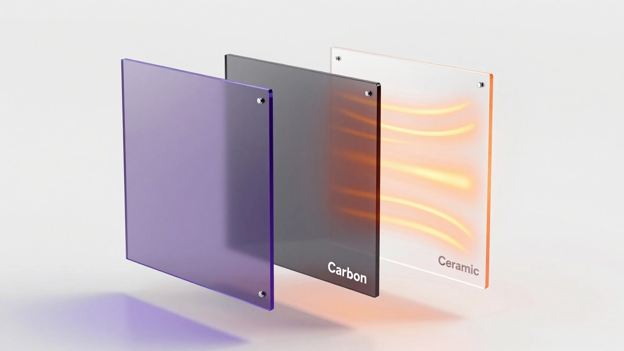 Conceptual comparison of dyed, carbon, and ceramic window tint films