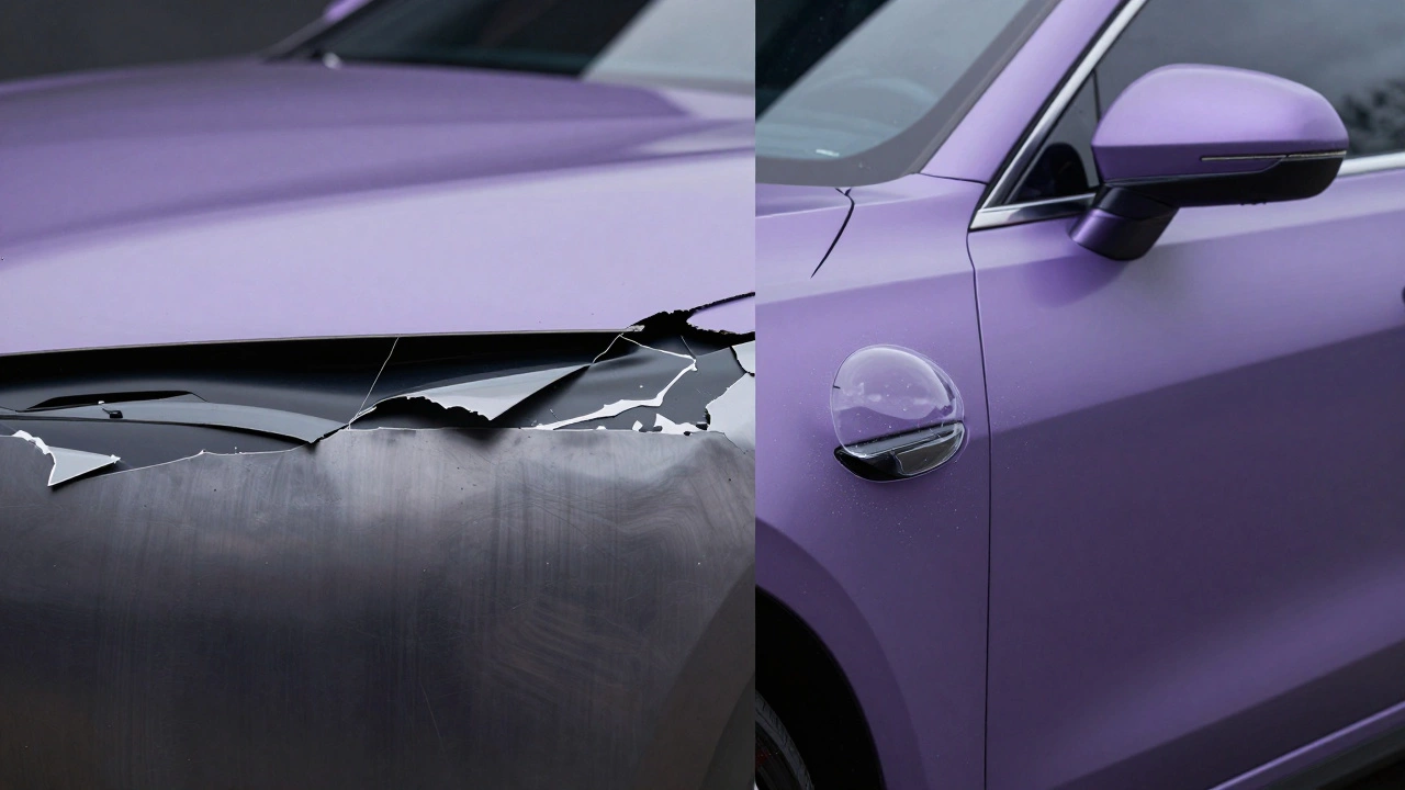 Cross-section diagram of vinyl wrap bubbling due to peeling paint underneath