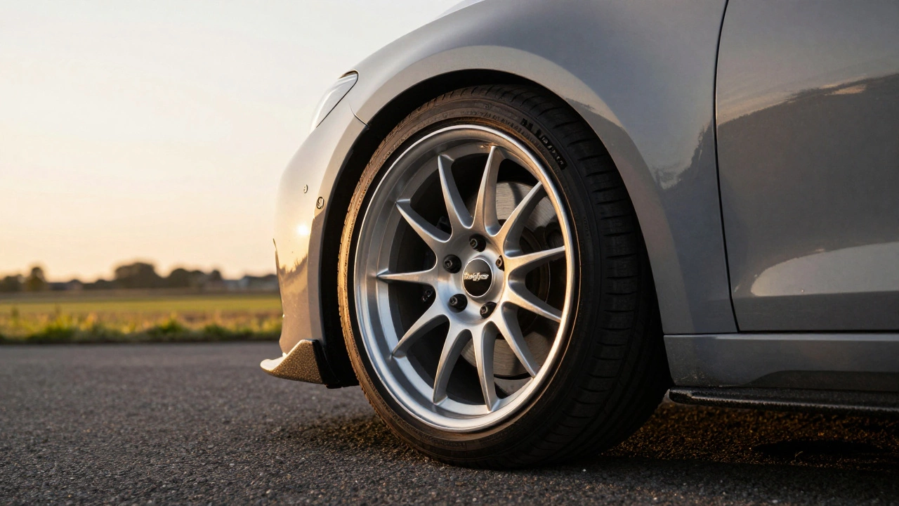 Low angle view of a car wheel with a flush stance fitting perfectly in the fender