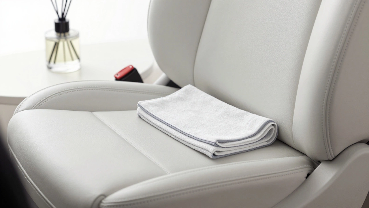 Pristine, detailed car interior with matte leather seats and a minimalist look
