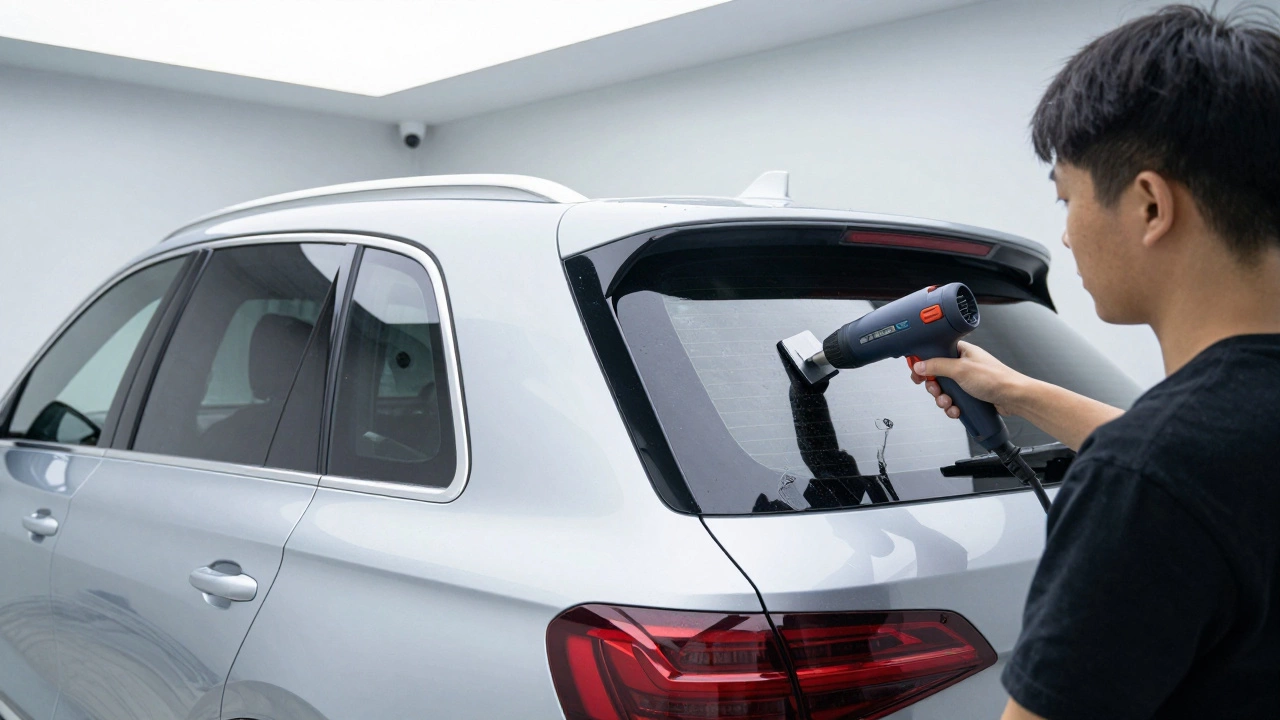 Professional technician installing window tint on a large SUV in a clean shop