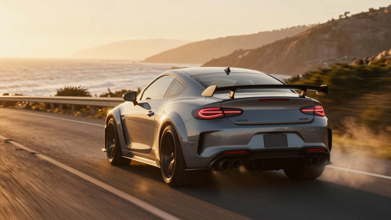 Rear view of a sports car accelerating on a road with heat shimmer coming from the exhaust.