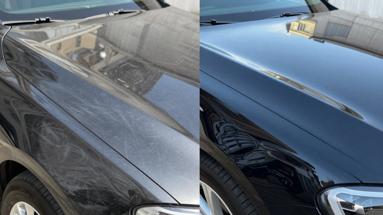 Split-screen comparison of a dull car paint surface versus a high-gloss ceramic coated finish.