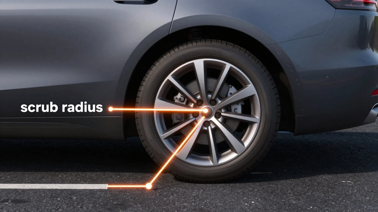 Technical diagram showing the effect of wheel spacers on a vehicle's scrub radius