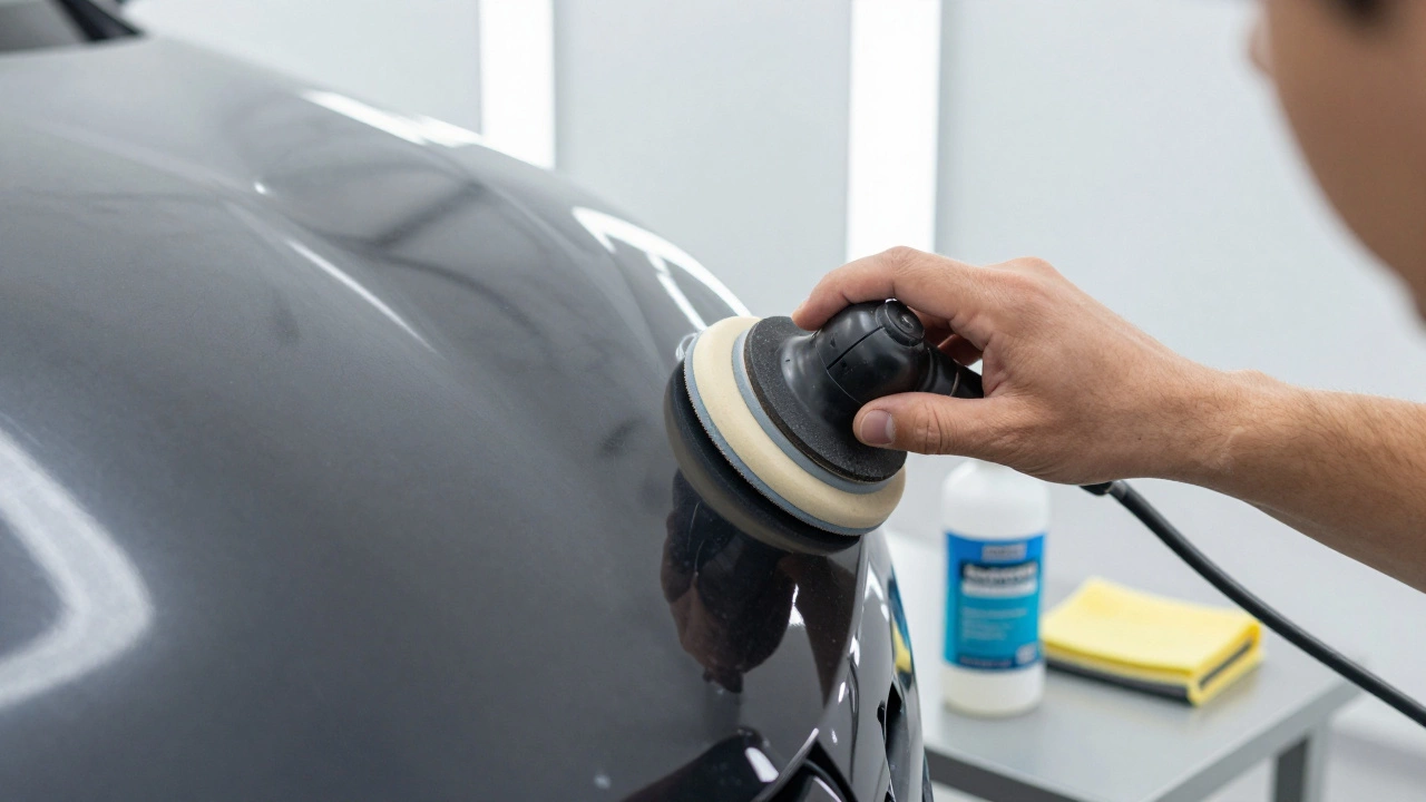 Technician sanding down peeling car paint to prepare the surface for a wrap