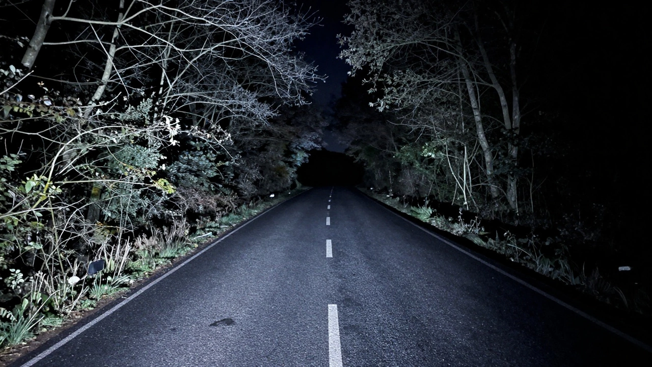 View of a road with scattered LED light beams and a dark spot in the center