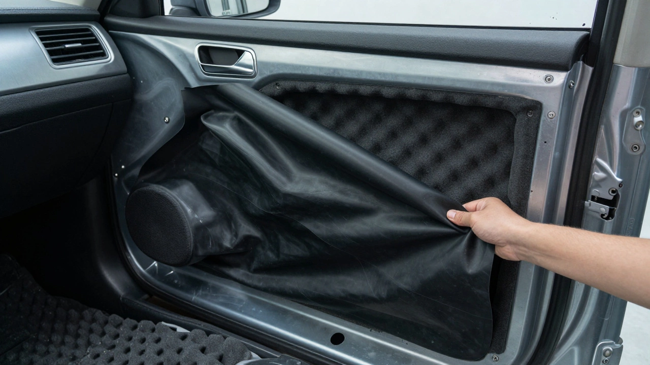 Applying butyl rubber soundproofing mats to car door panel interior