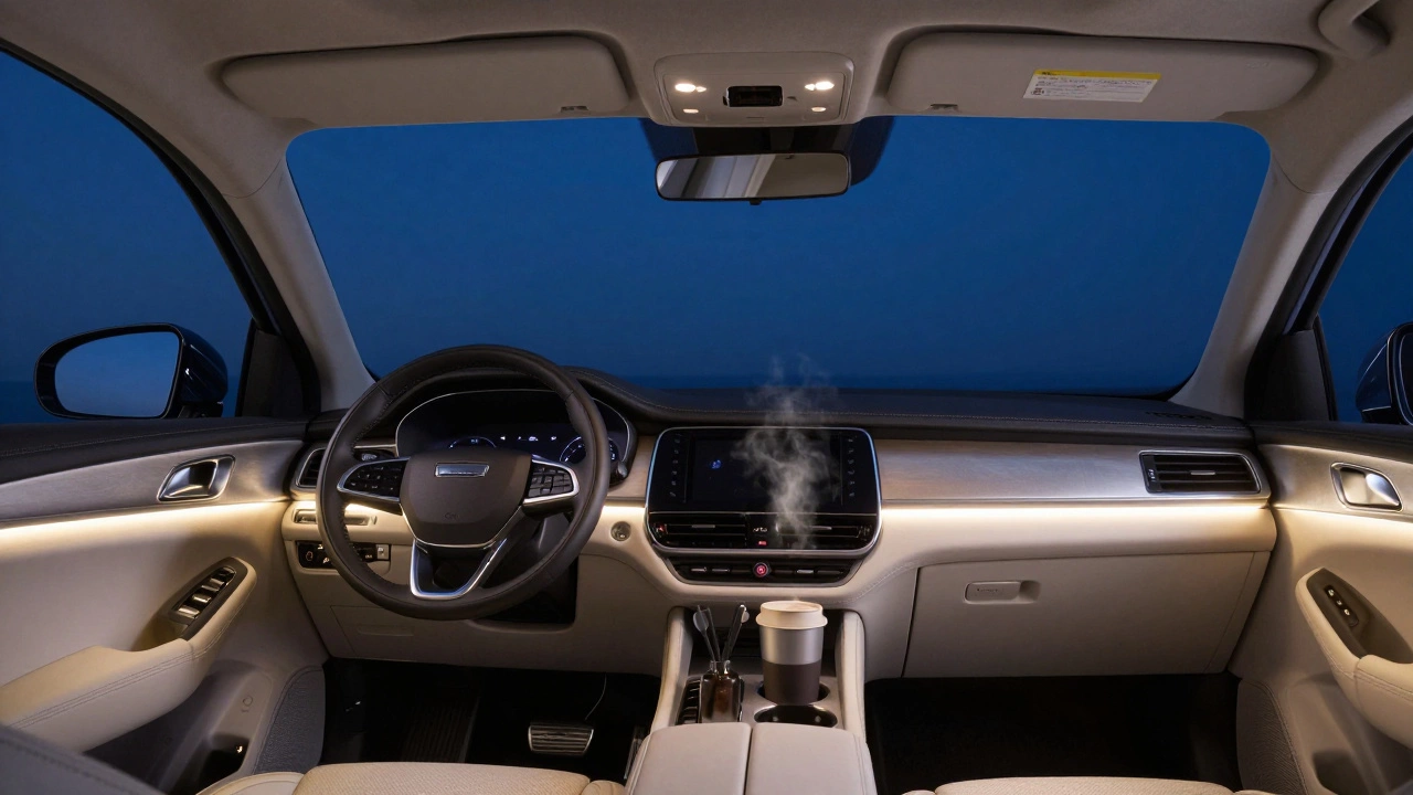 Car interior at night with soft LED ambient lighting and clean windshield