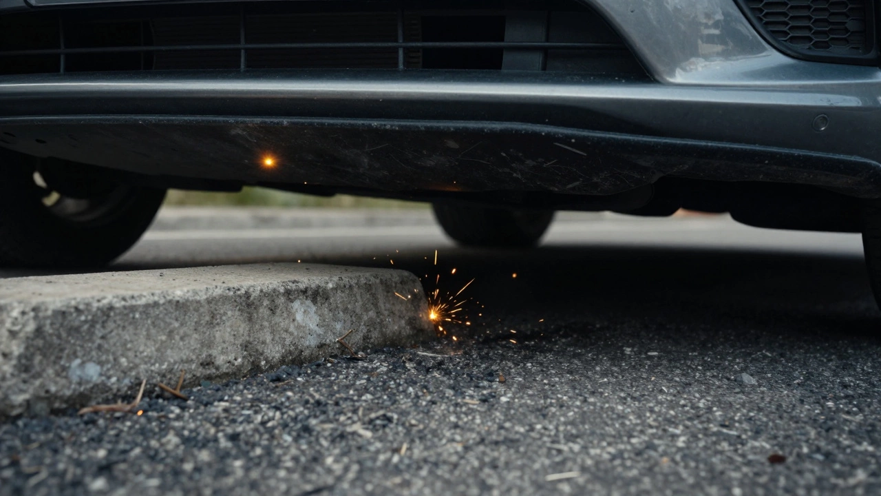 Car undercarriage scraping against a speed bump, illustrating low ground clearance risks.