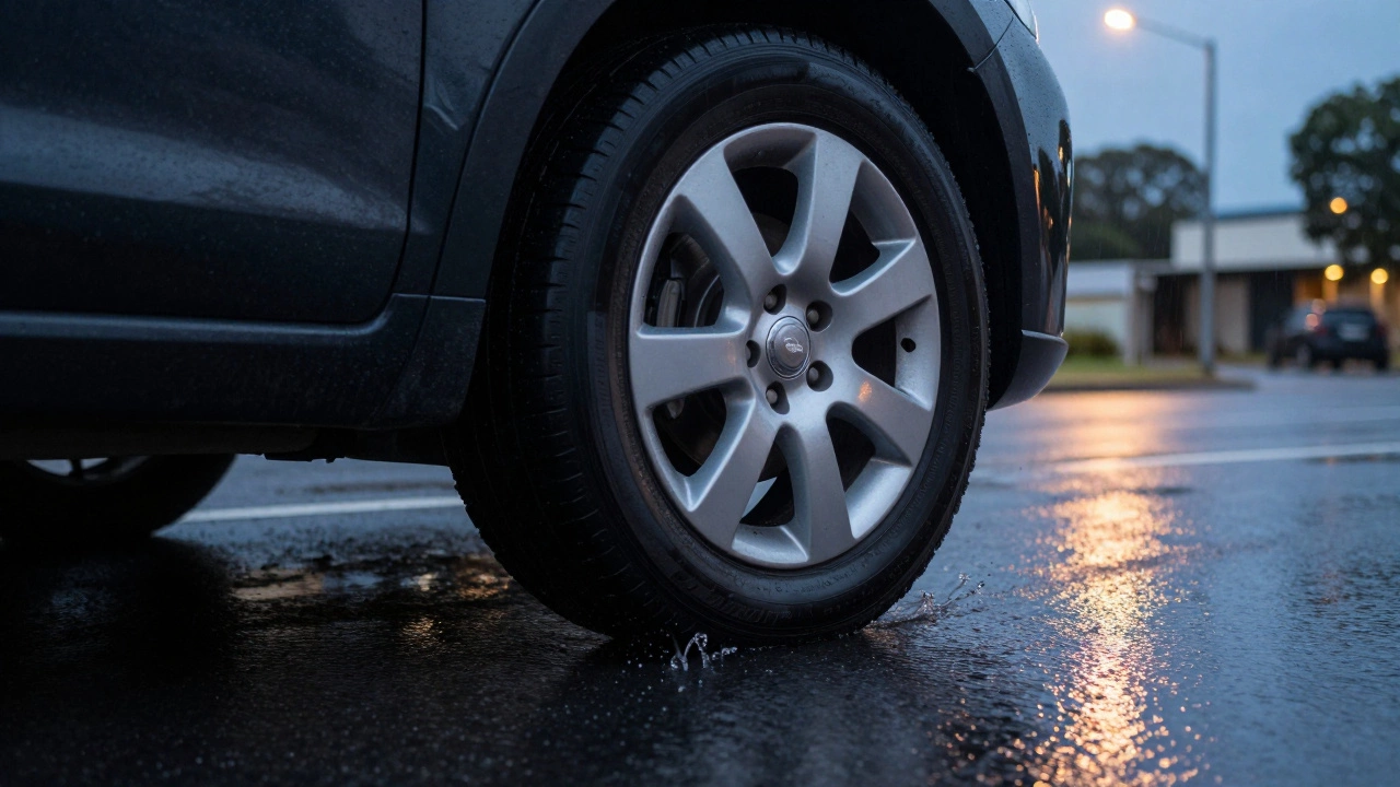 Car wheel with spacers driving on a wet road at twilight