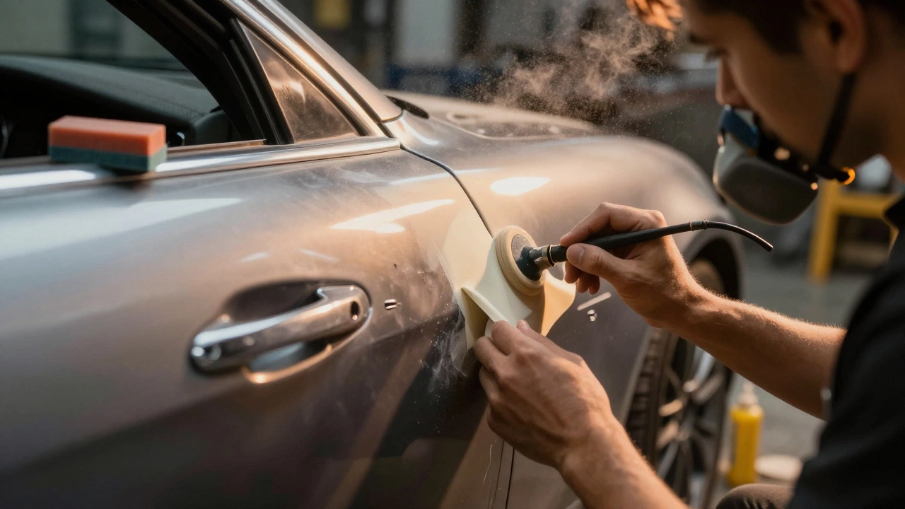 Close up of hands sanding and blending a polyurethane fender flare onto a car door in a custom shop.