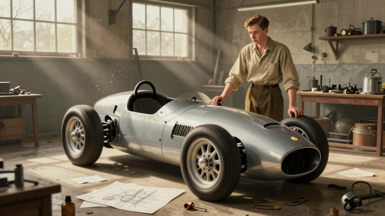 Colin Chapman with Lotus Seven in a vintage 1950s garage