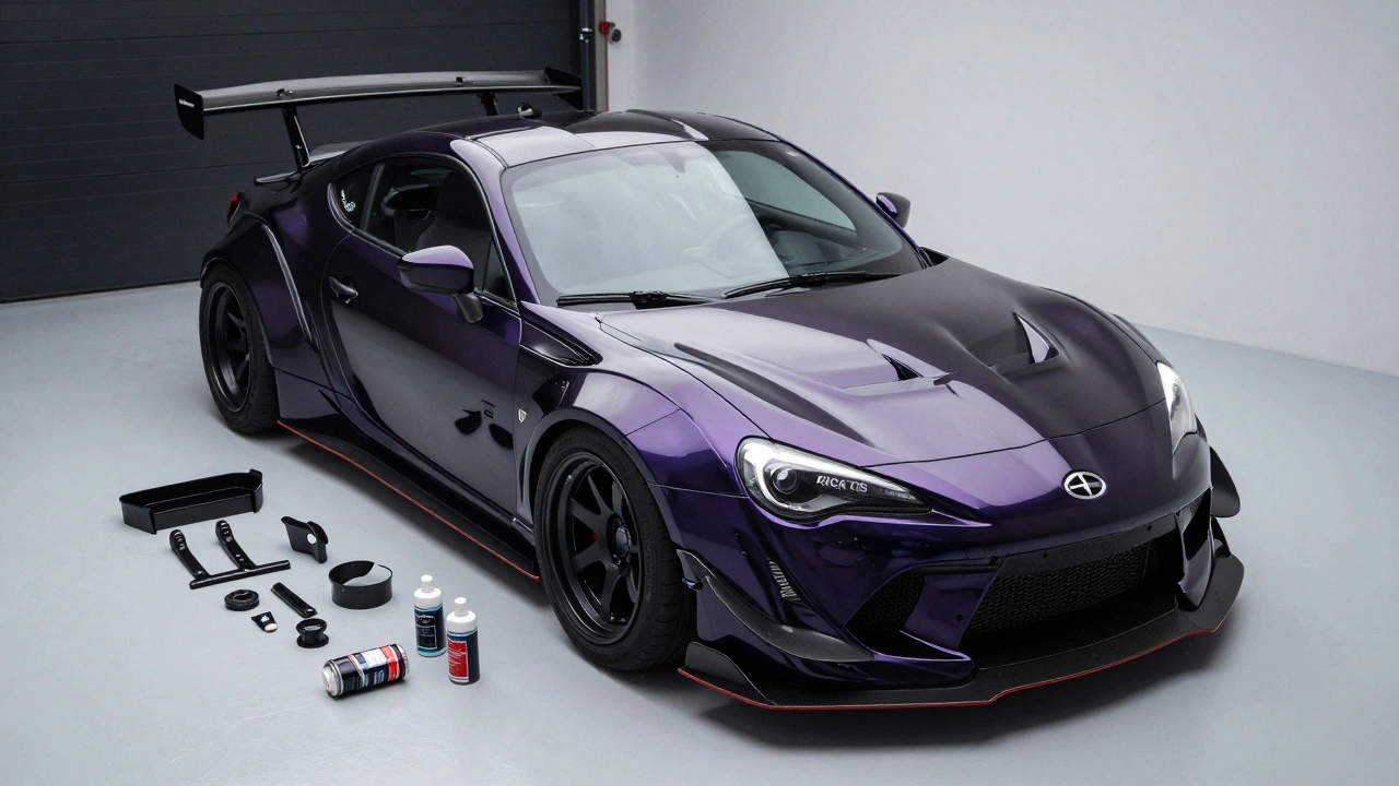 Finished sports car with a flawless widebody kit installation displayed in a professional garage setting.