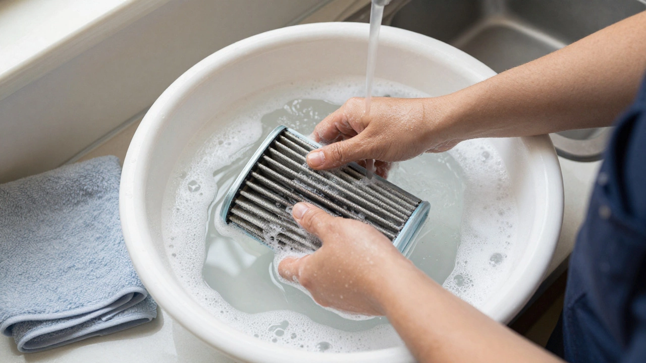 Gently washing a car air filter by hand