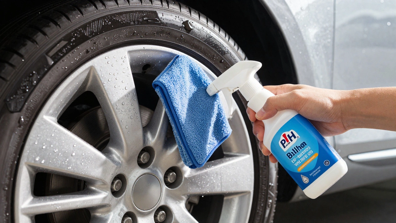 Hand washing alloy wheel with cleaner and microfiber cloth, water beading