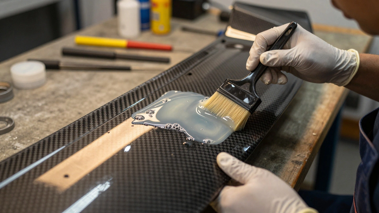 Hands applying epoxy resin to a carbon fiber spoiler repair patch
