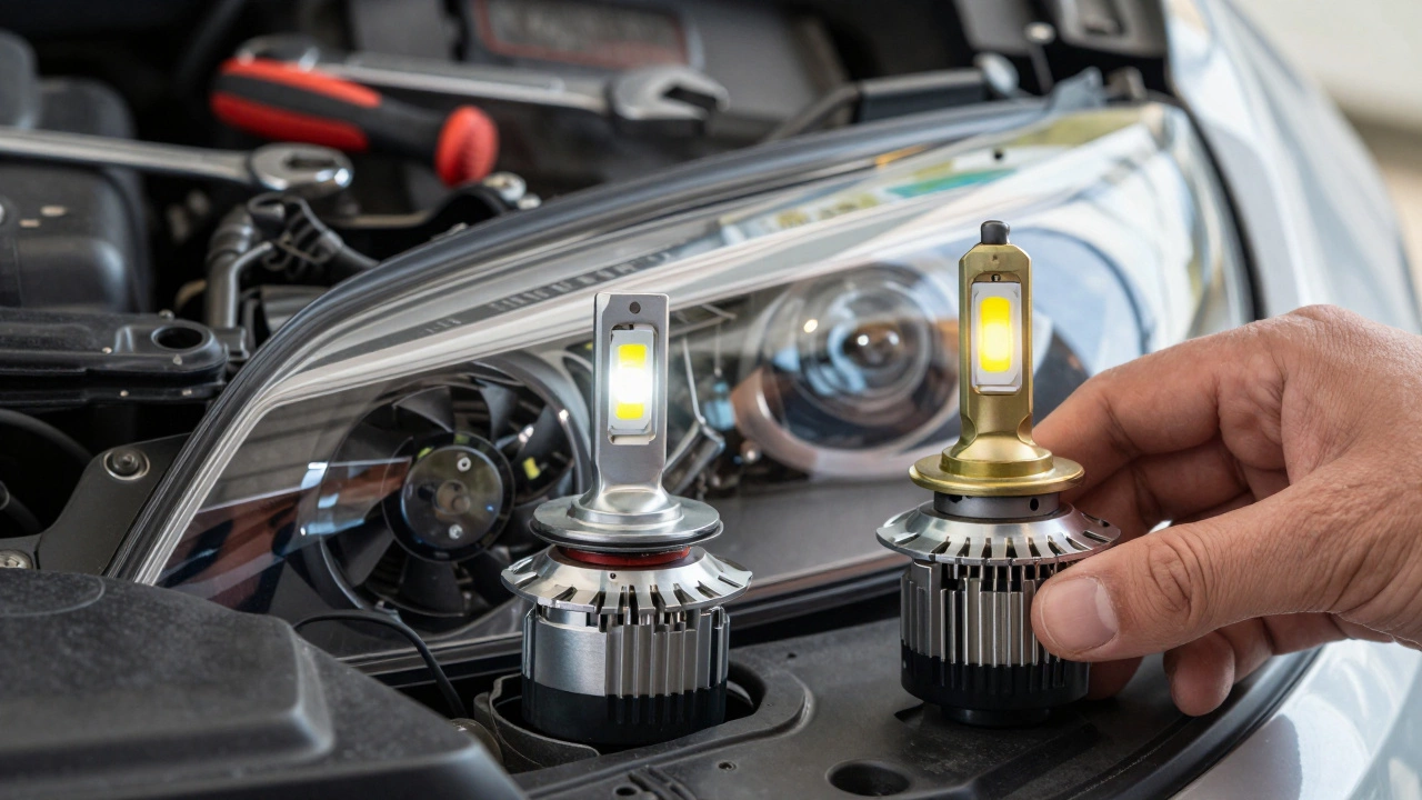 LED headlight bulb with heat sink compared to a halogen bulb
