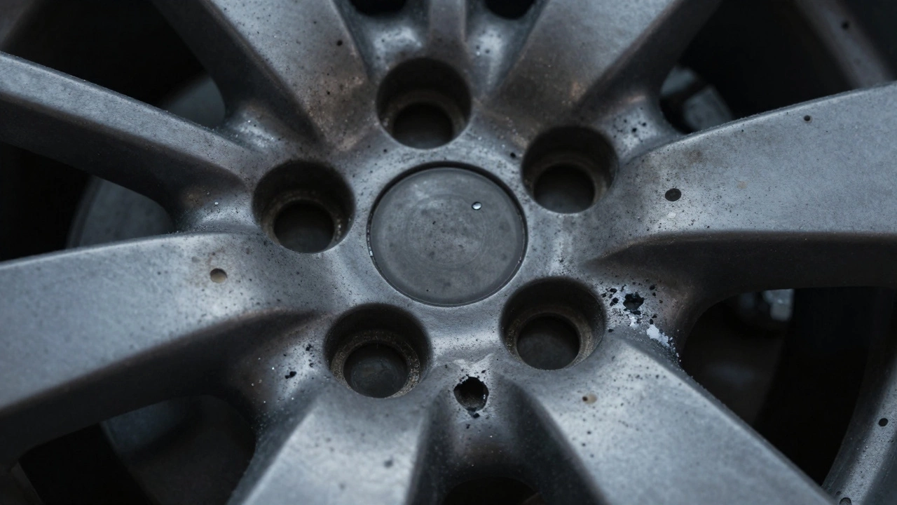 Macro view of pitted corrosion and brake dust on a damaged alloy wheel