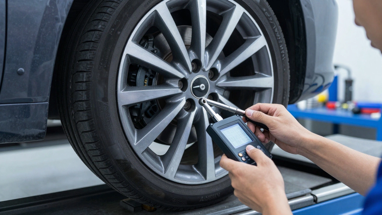 Mechanic adjusting wheel alignment angles on a lowered vehicle