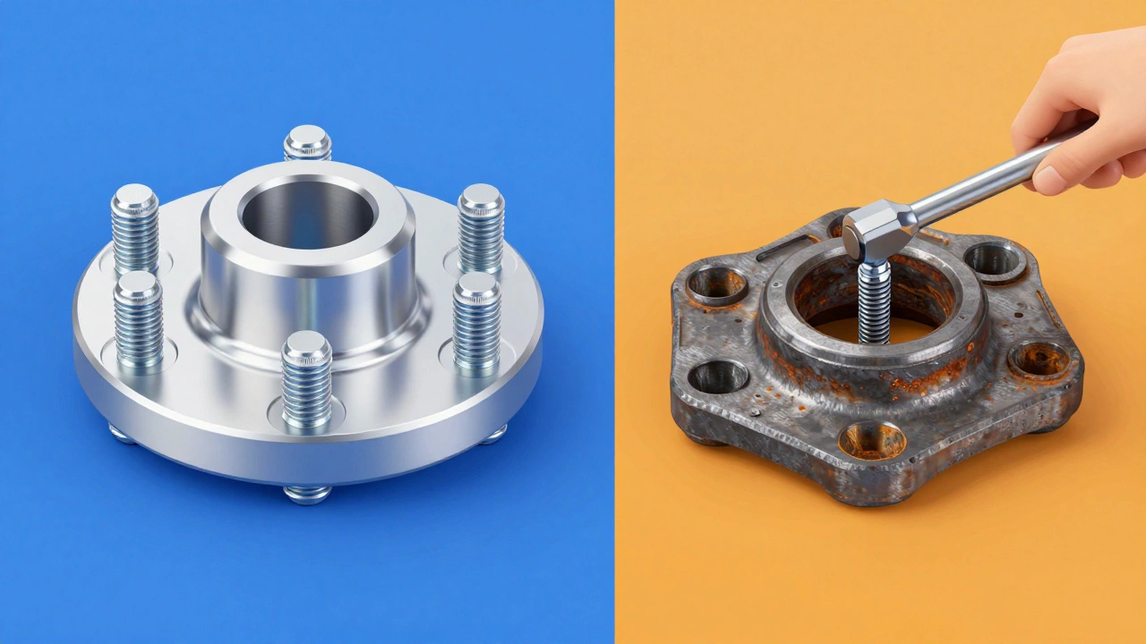 Mechanic checking torque on wheel spacers with rust vs clean comparison