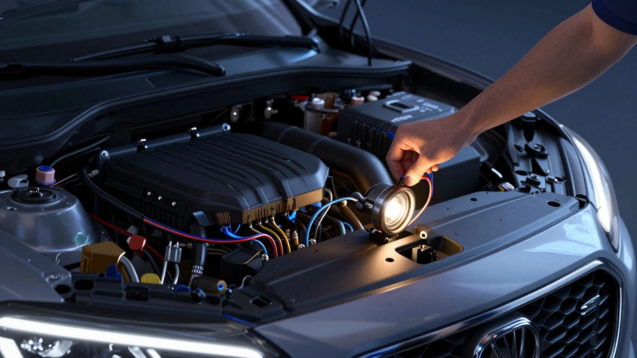 Mechanic installing LED fog light harness in car