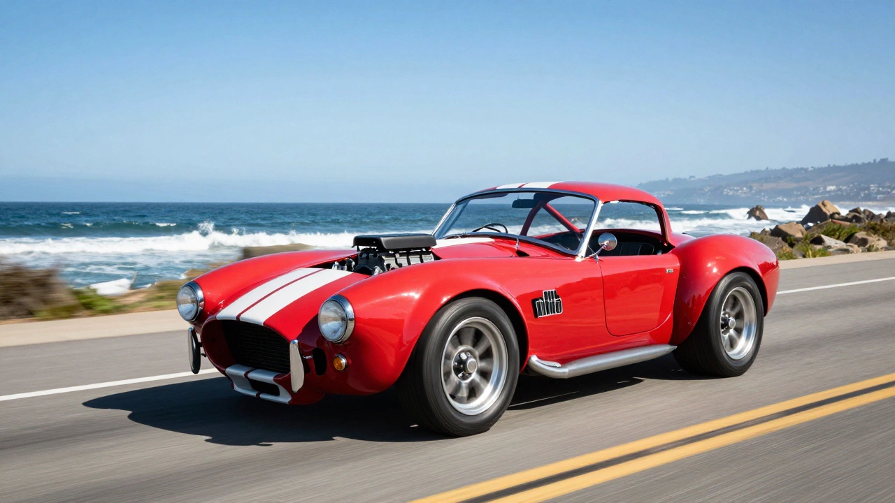 Red Factory Five Mk.4 kit car driving fast on coastal road