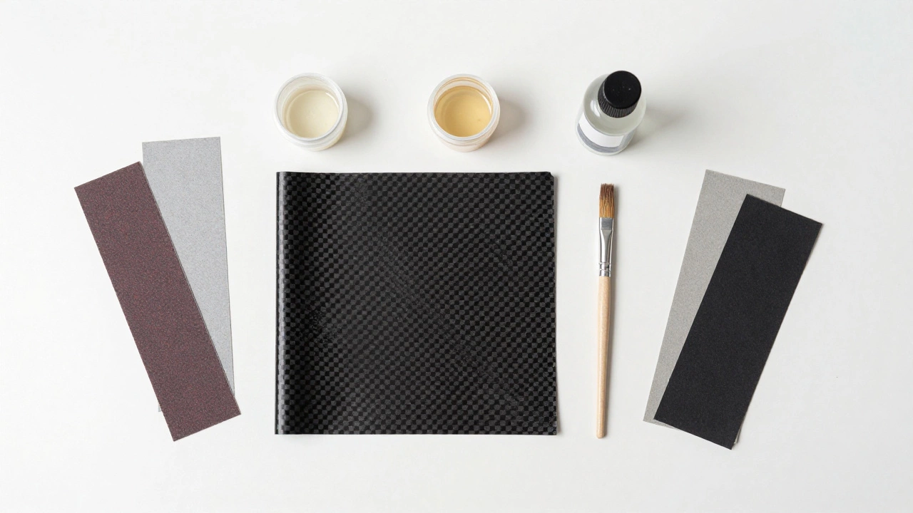 Repair kit materials including carbon cloth, epoxy, and sandpaper