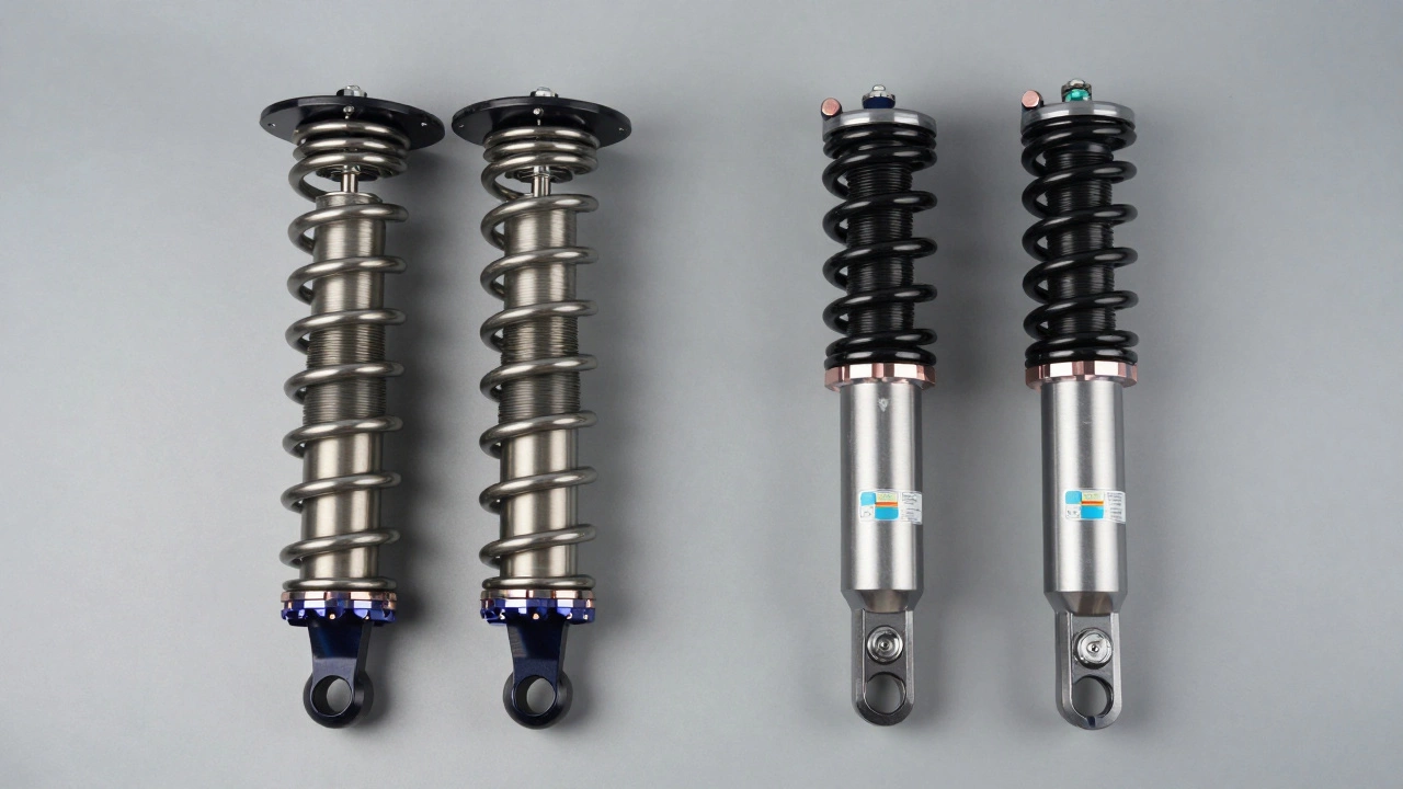 Side-by-side comparison of lowering springs versus adjustable coilover systems