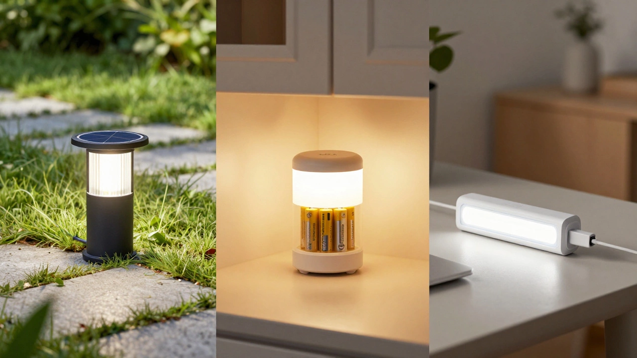 Solar, battery, and USB powered LED lights