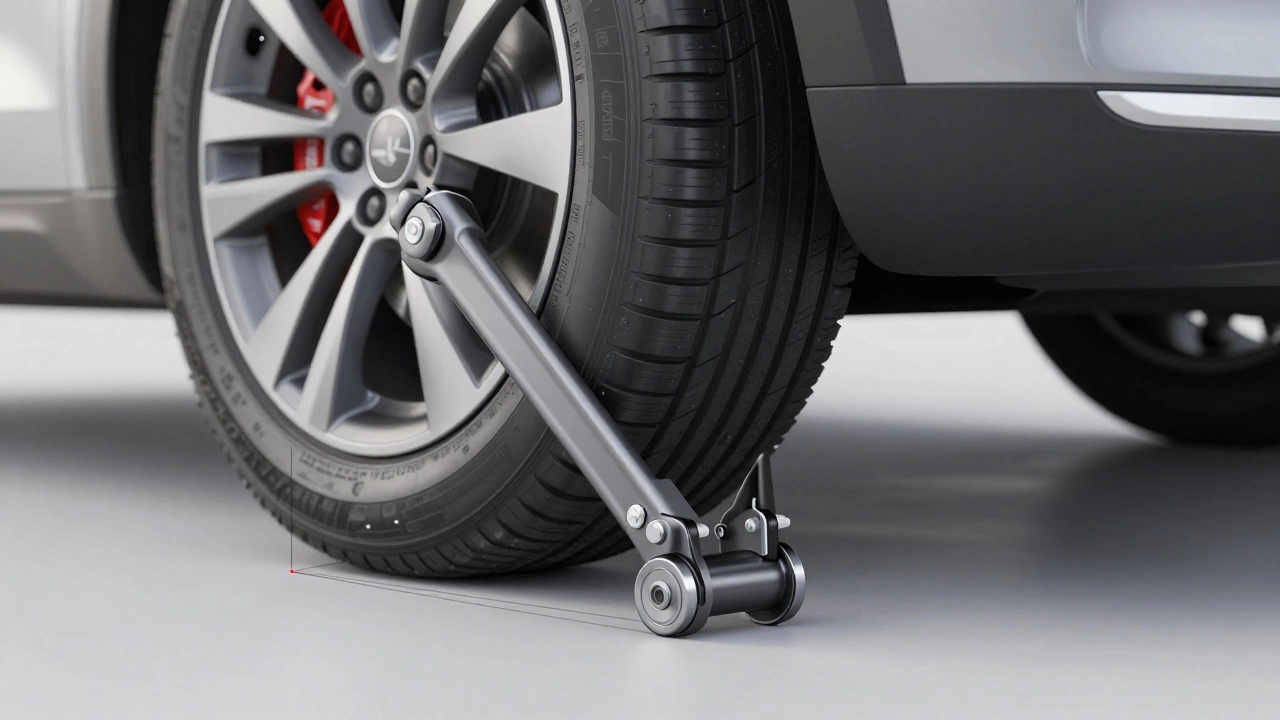 Suspension components showing negative camber and alignment issues after lowering.