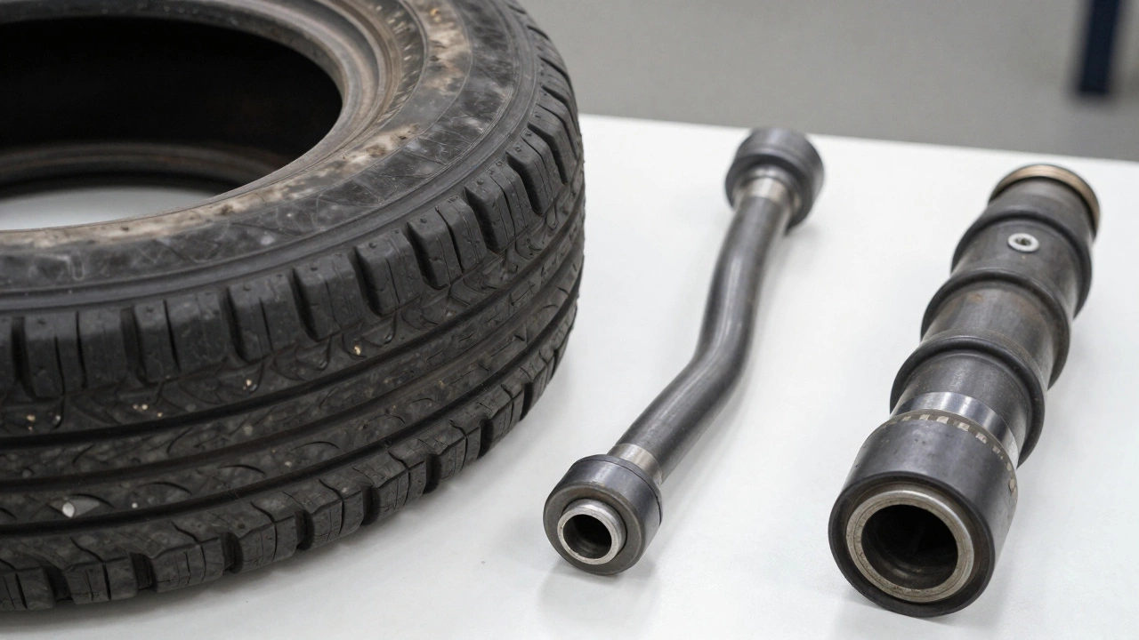 Worn tire, bent sway bar link, and leaking CV axle on a mechanic's bench