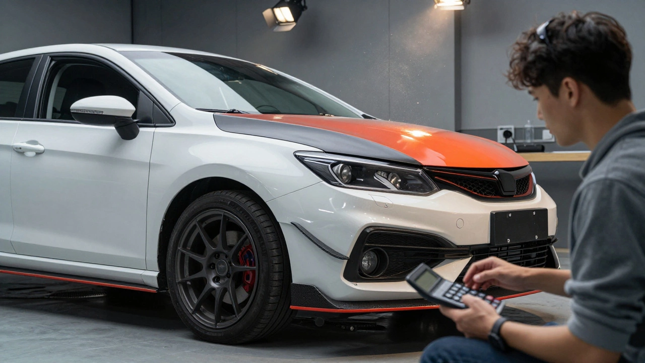 Car being modified with body kit while buyer looks skeptical