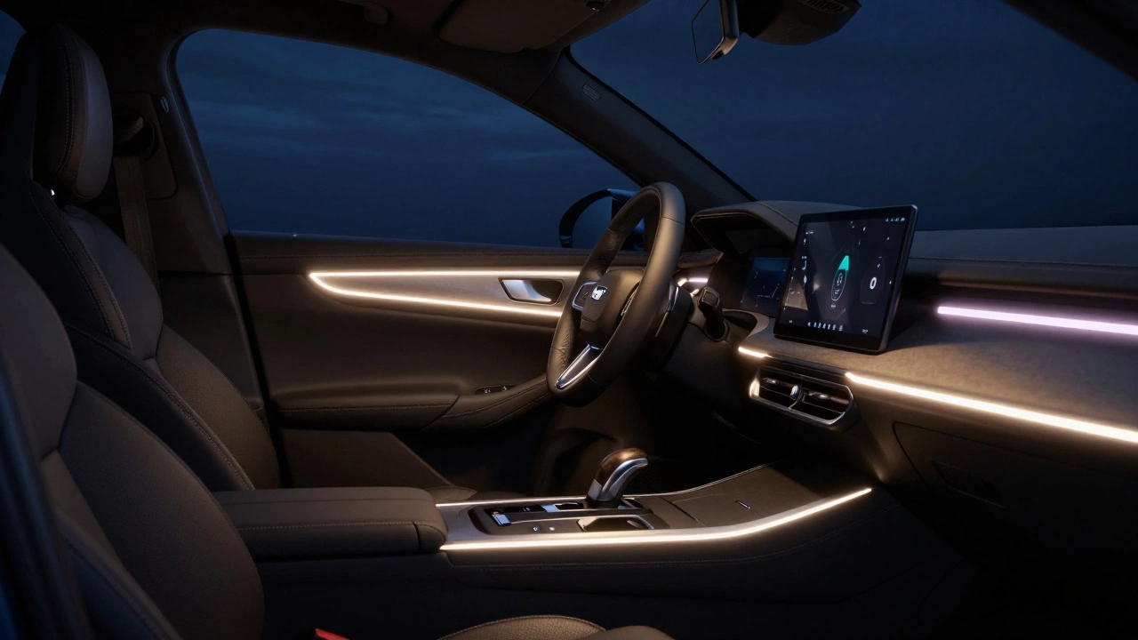 Car cabin at night with warm ambient LED lighting illuminating the dashboard.