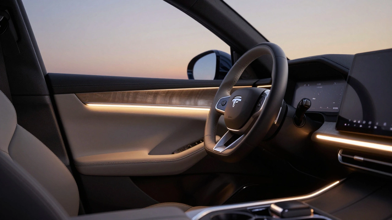 Car interior enhanced with warm ambient LED lighting and trim upgrades