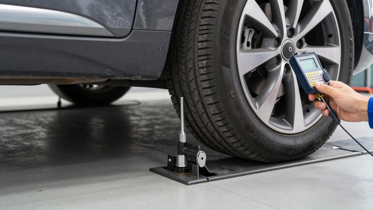 Car wheel showing negative camber and uneven tire wear