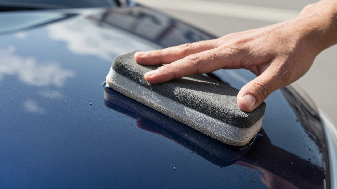 Close-up of a clay bar being used to decontaminate wet car paint