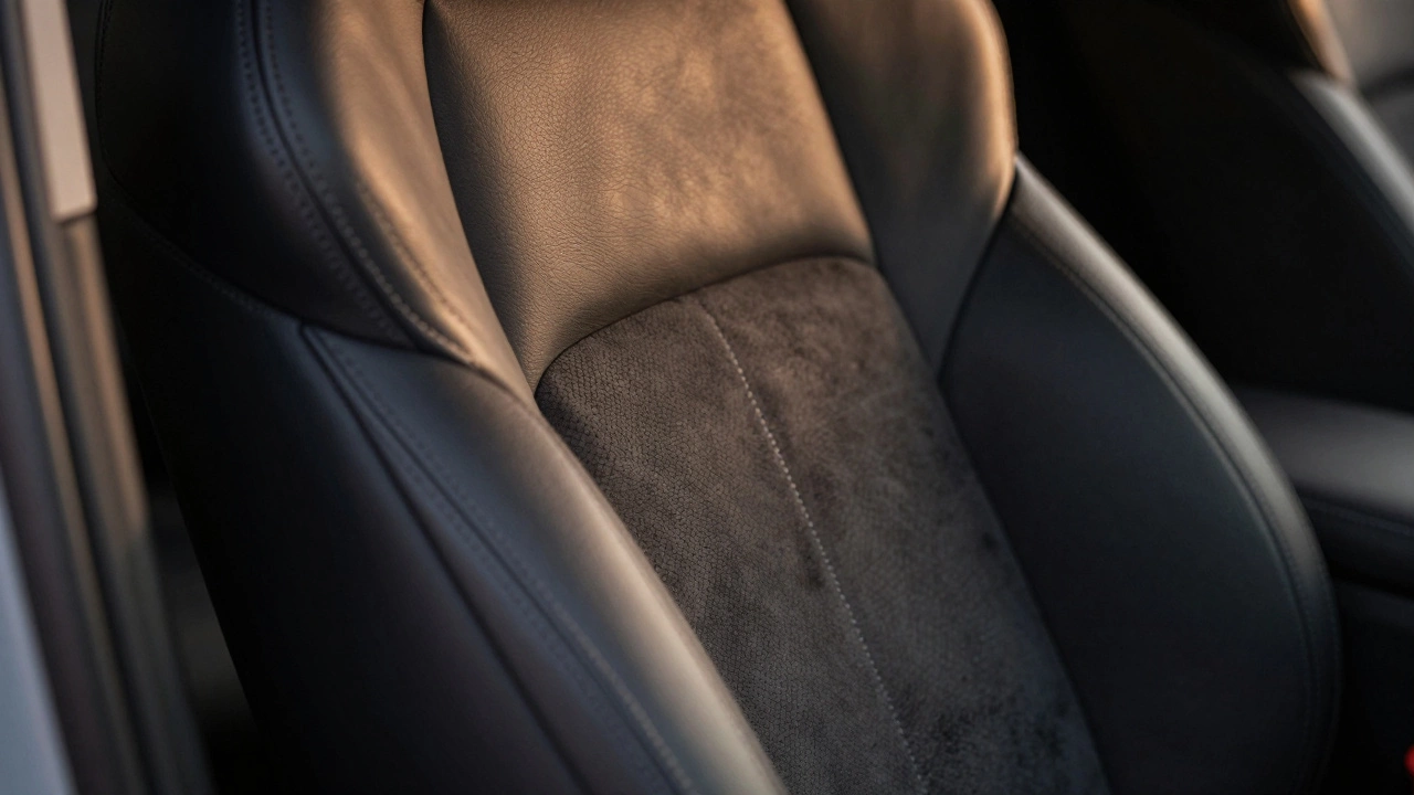 Close-up of luxury car seat showing leather and Alcantara textures.