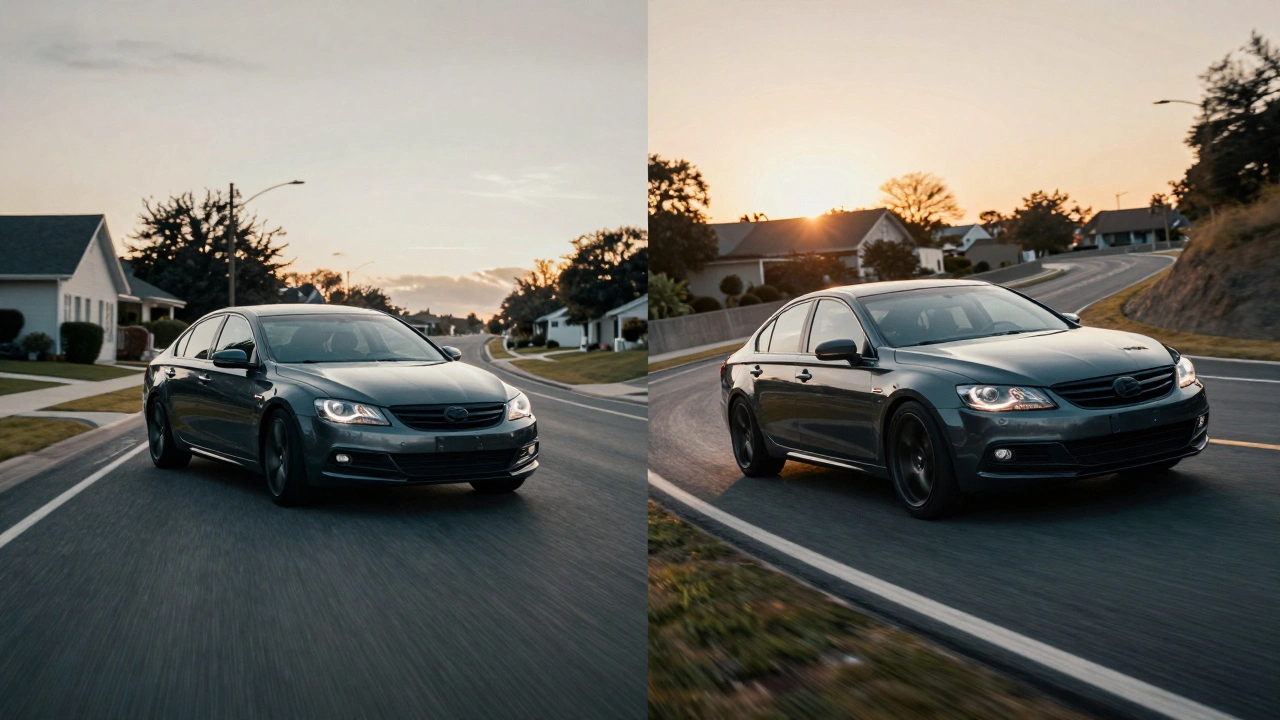 Comparison of a car on city streets versus a racetrack to show suspension use