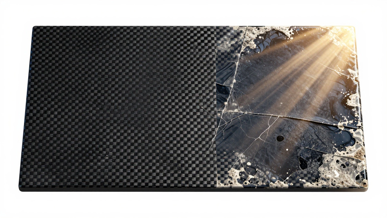 Comparison of glossy vs UV-damaged chalky carbon fiber