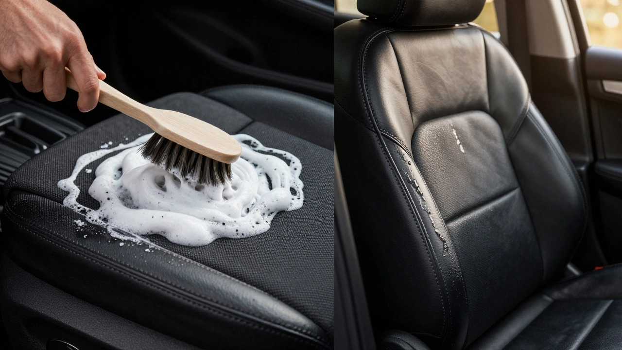 Foam cleaner on fabric seats and conditioned leather interior