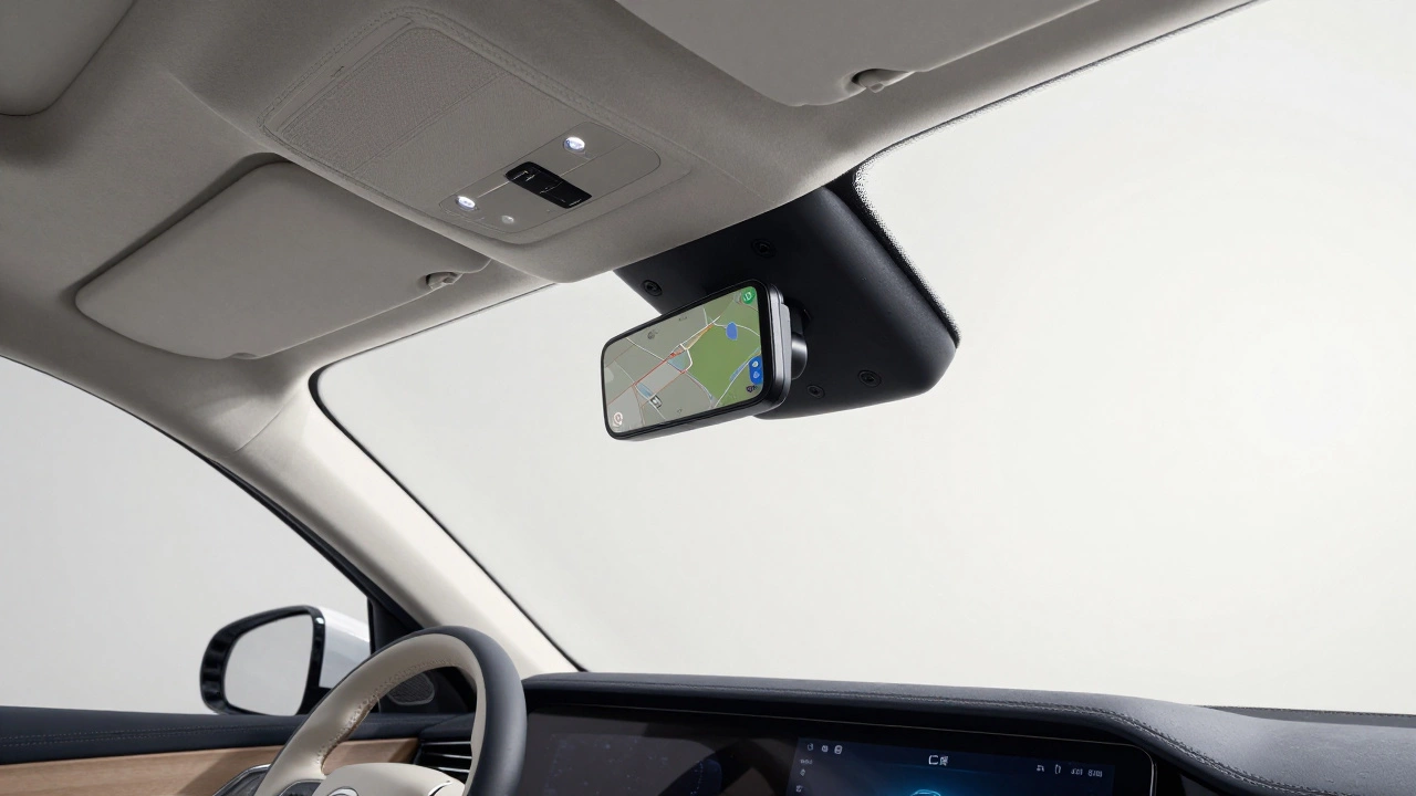 GPS on dashboard header, car interior with curing haze on tint