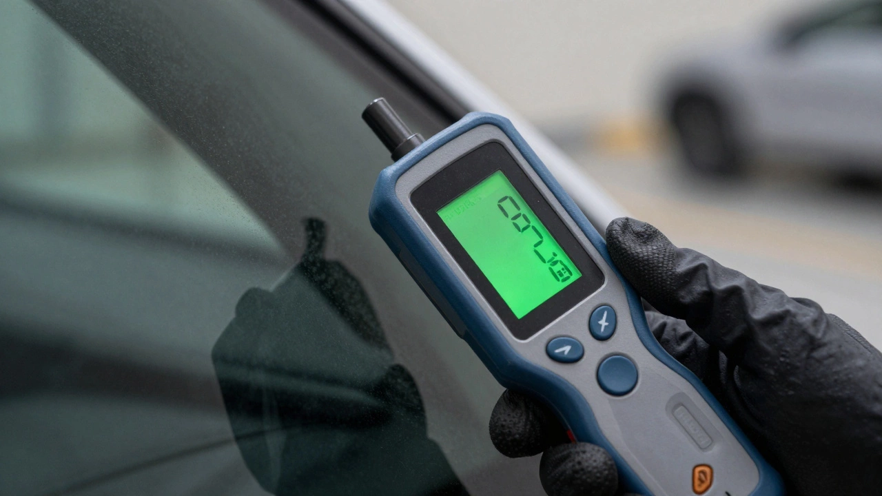 Handheld tint meter measuring light transmission on a car window