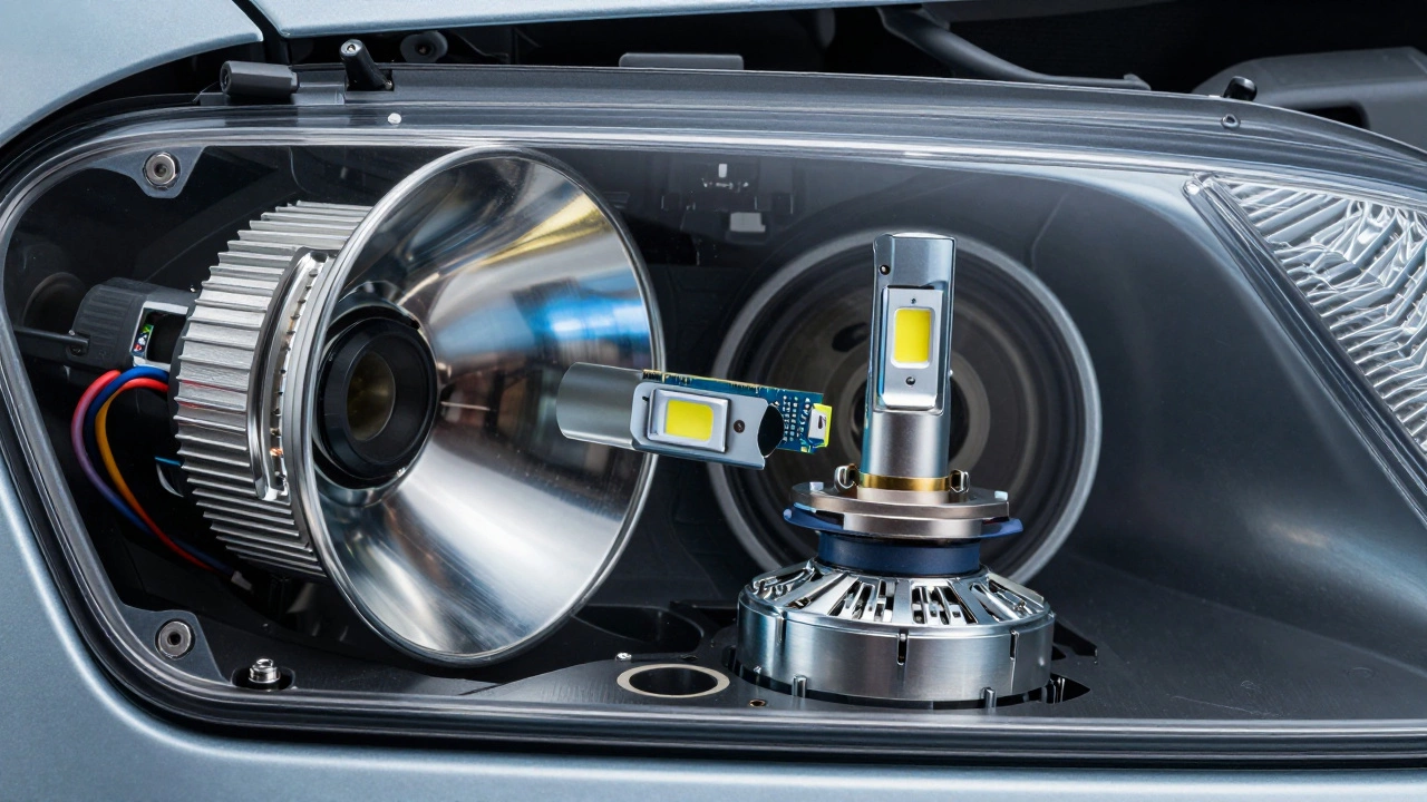 LED conversion kit bulb installed in car headlight reflector housing