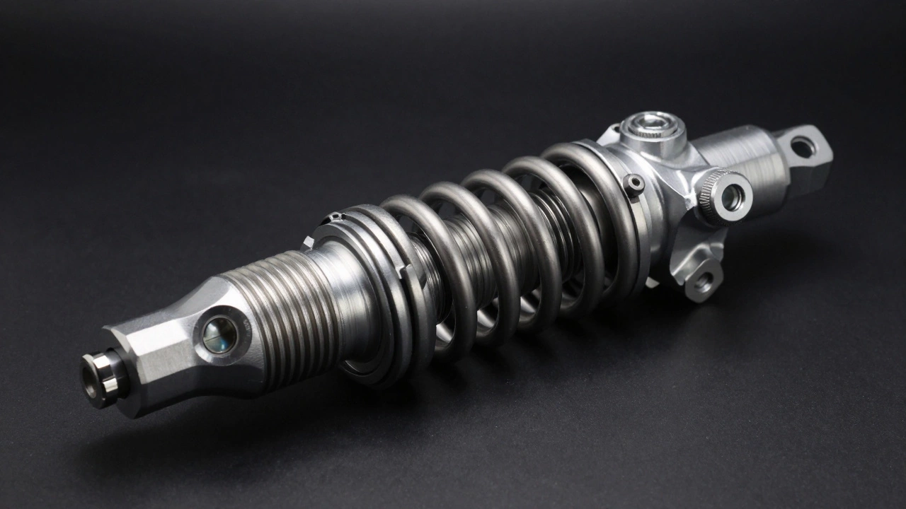Macro shot of a coilover suspension unit showing adjustment knobs and threads