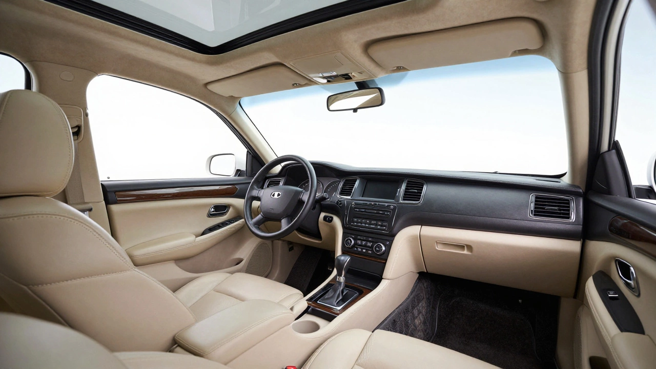 Pristine, showroom-quality restored car interior with clean dashboard