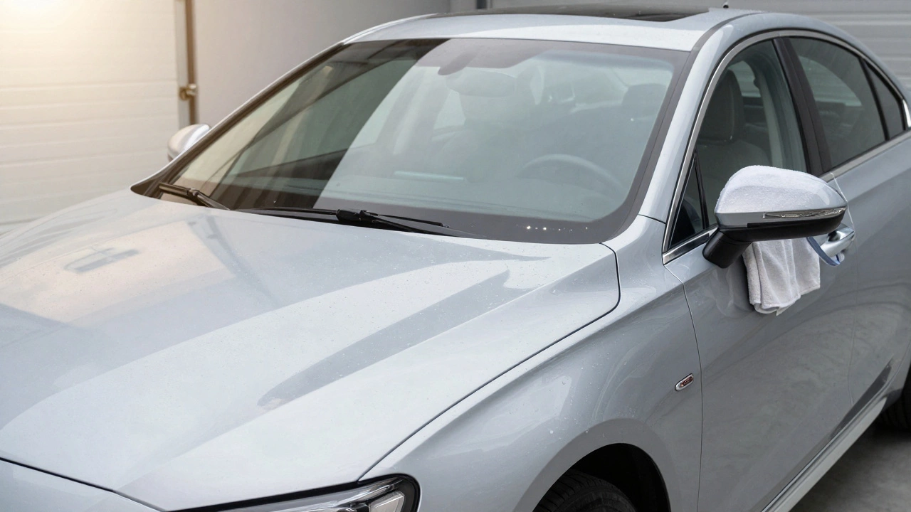 Pristine silver car with water beading on waxed paint in a garage