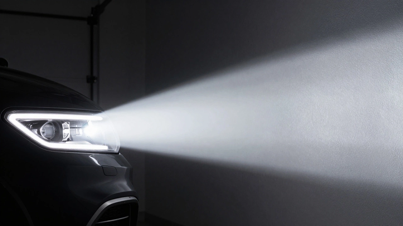 Sharp white LED headlight beam pattern with clear cutoff on a wall